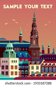 European cityscape with traditional houses, roofs, churches, bell towers. Retro style poster.