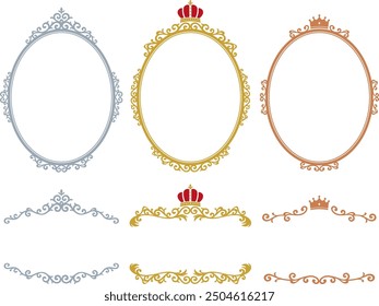 European classic style vertical oval frame and headline decoration set in gold, silver and copper colors with crown and tiara