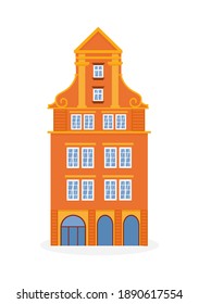 european colorful old house. Dutch style. orange historic facade. Traditional architecture of Netherlands or Poland. Vector illustration flat cartoon style.