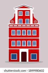 european colorful old house. Dutch style. red and white historic facade. Traditional architecture of Netherlands or Poland. Vector illustration flat cartoon style