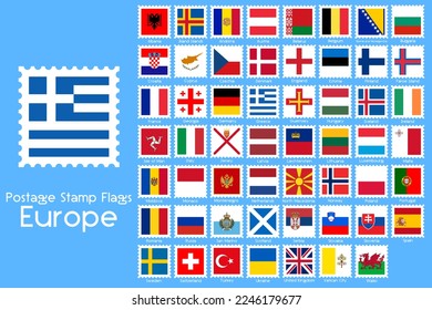 European continent country flags postage stamps. Vector Illustration. 