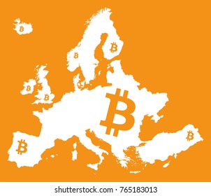 European continent map with bitcoin crypto currency symbol illustration.eps
