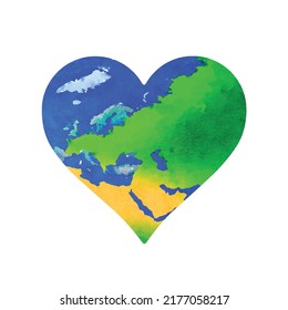 The European continent surrounded by heart shape frame isolated on white background.   Vector illustration based on realistic hand-draw watercolor painting. Map concept. Clip art. Template. 