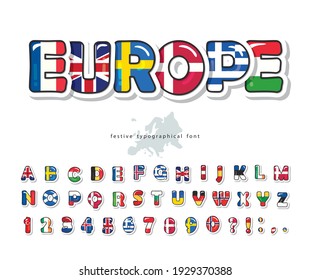 European countries flag cartoon font. Creative alphabet for concept design. Vector illustration
