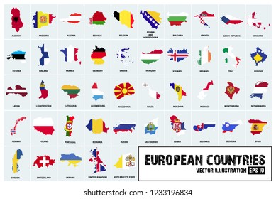 European countries flag map set. vector illustration.