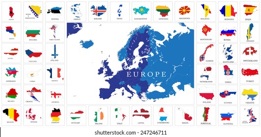 European Countries Flag Map Set 