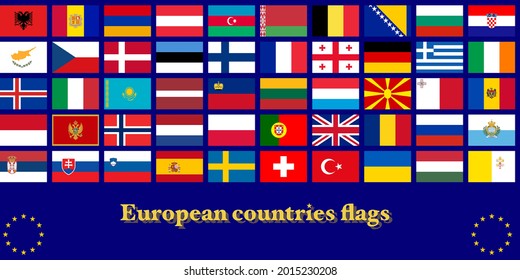 European countries flags, 50 states, blue background 