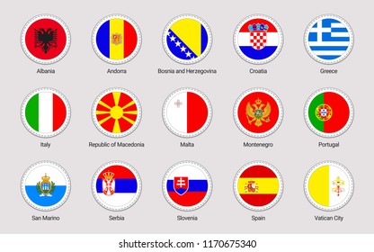 European countries flags set. South Europe states. Vector flag stickers collection. Round elements.  Circle elements. official symbols. Illustration for patriotic, geographic, sports, travel pages