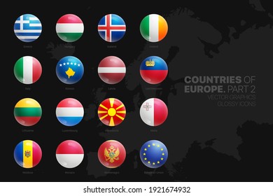 European Countries Flags Vector 3D Glossy Icons Set Isolated On Black Background Part 2. Official National Flags Of Europe Vivid Bright Color Bulging Convex Round Buttons Design Elements Collection