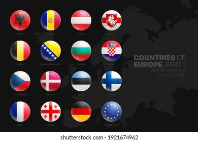 European Countries Flags Vector 3D Glossy Icons Set Isolated On Black Background Part 1. Official National Flags Of Europe Vivid Bright Color Bulging Convex Round Buttons Design Elements Collection