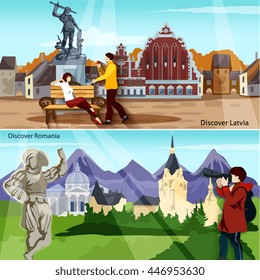 European Countries Horizontal Compositions Vector Illustration