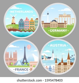 European countries magnets flat vector illustrations set. Netherlands, France, Austria, Germany cartoon pin, patch, sticker designs pack. Europe cities landmarks. Famous tourist attractions collection