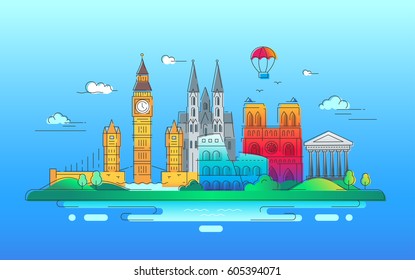 European countries - modern vector line travel illustration. Discover Italy, Germany and Great Britain. See great landmarks such as tower of london, coliseum, cathedral, balloon, bridge
