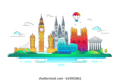 European Countries - modern vector line travel illustration.Discover Italy, Germany and Great Britain. See great landmarks such as tower of london, coliseum, cathedral, balloon, bridge