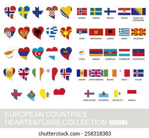 European countries set, hearts and flags, 2  version, part 2