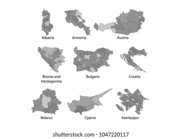 European countries vector silhouettes divided by regions and colored greys