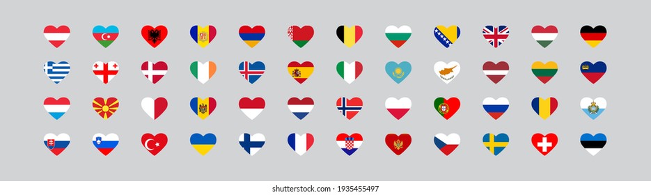 European country flag in heart. 48 national flags. Vector set isolated icons