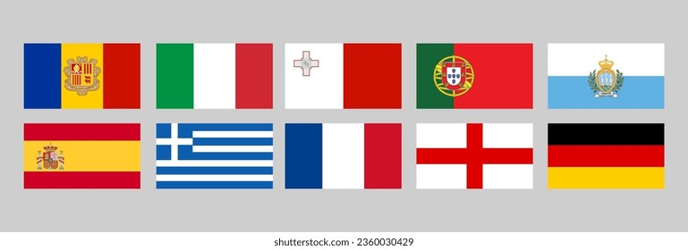 European country flags, Andorra, Italy, Malta, Portugal, San Marino, Spain, Greece, France, England, Germany