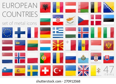 European Country Flags. Glass Icons Square Shape. 47 Items