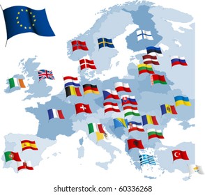 European country flags and map. All elements and textures are individual objects. Vector illustration scale to any size.