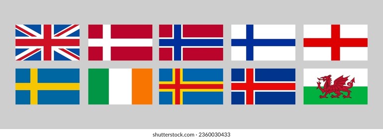 European country flags, United Kingdom,  Denmark, Norway, Finland, England, Sweden, Ireland, Iceland, Wales