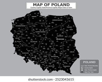 European Country Geography Political map. Political map of country with capital, province or state capital, major cities and town.