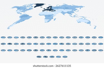 Mapa de países europeus em estilo isométrico circular, tom azul. Mapas em formato circular.