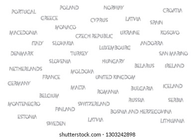 European country names written with water color brush. Grey color words on white background.