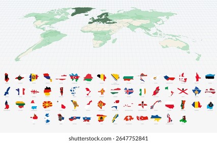 European Country Shapes with Flags on a Highlighted World Map. Vector Map Collection.