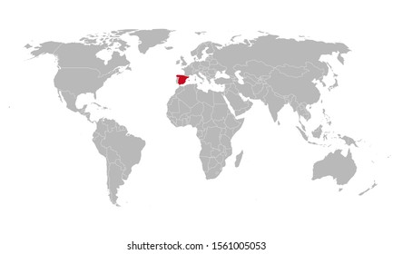 European country spain highlighted red color on world map. Grey background.