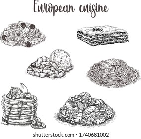 European cousine, vector collection.Sketch. Food set of european food.Illustration of greek salad,lasagne,pancakes,pasta.