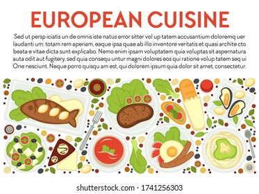 European cuisine banner with text sample. Set of traditional dishes of Europe, salads and meat on plate. Sandwiches and fried fish, egg with sausages, oysters and veggies, vector in flat style
