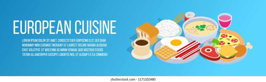European cuisine concept banner. Isometric banner of european cuisine vector concept for web, giftcard and postcard