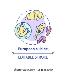European cuisine concept icon. Famous meal from europe. Traditional ethnic menu. Delicious national food idea thin line illustration. Vector isolated outline RGB color drawing. Editable stroke