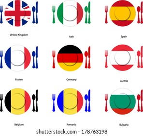 European cuisine flags on dishes with cutlery