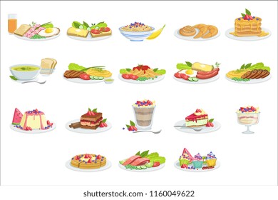 European Cuisine Food Assortment Menu Items Detailed Illustrations