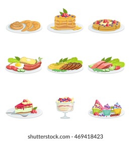 European Cuisine Food Assortment Menu Items Detailed Illustrations