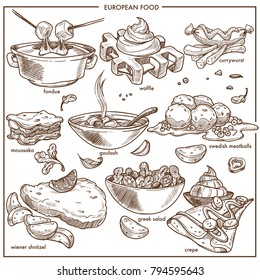 European cuisine food dishes for menu vector sketch icons templates