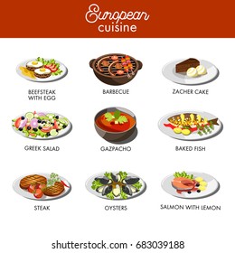 European cuisine food dishes for restaurant vector menu template