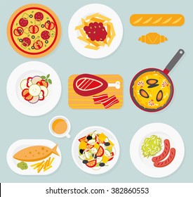 European cuisine. Food set. Italian, French, German, English, Spanish. Pizza, pasta, baguette, croissant, ratatouille, greek salad, sausage, sauerkraut, fish and chips, paella, jamon