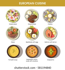 European cuisine icons for restaurant menu templates. Vector dishes of Greek salad and meat bifteki, gourmet oysters seafood, vegetarian pumpkin and Spanish gazpacho soup, beef and salmon steak