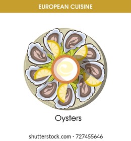 European cuisine oysters gourment traditional dish food vector icon for restaurant menu