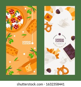 European cuisine restaurant menu banner vector illustration. Cafe advertisement promotion flyer, pizzeria invitation, traditional European fast food restaurant. Lunch menu cover template special offer