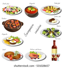 European cuisine set. Collection of food dishes for the decoration of restaurants, cafes, menus. Vector Illustration. Isolated on white.