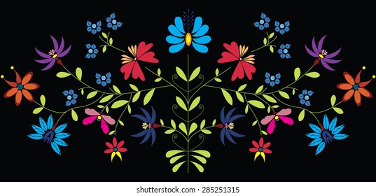 European Culture Inspired Folk Floral pattern in color on black background
