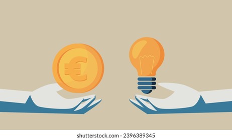 European currency euro in the palm. On the other hand, a light bulb. Image of paying for ideas.