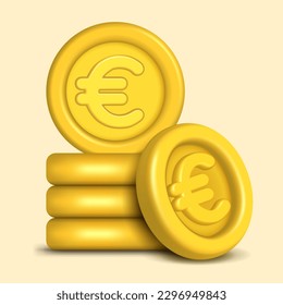 European currency in the form of gold euro coin, 3D vector rendering illustration of money on a light yellow background. A symbolic stack of euro coins