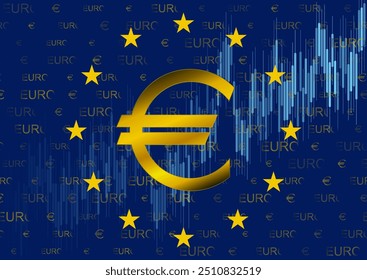 Símbolo de oro de la moneda europea y gráfico positivo sobre el fondo de la bandera de la Unión Europea. Varios iconos y símbolos. Diseño de Vector