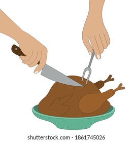 A European cuts a festive turkey. In one hand is a kitchen knife, in the other a carving fork. Color vector illustration. Juicy turkey meat in a dish. Crispy chicken. Thanksgiving symbol. 