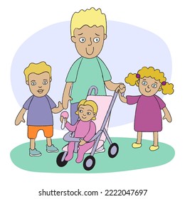 European Dad With Three Children. Man Holding Hands Of Her Older Kids And Pushing A Stroller With A Younger Child